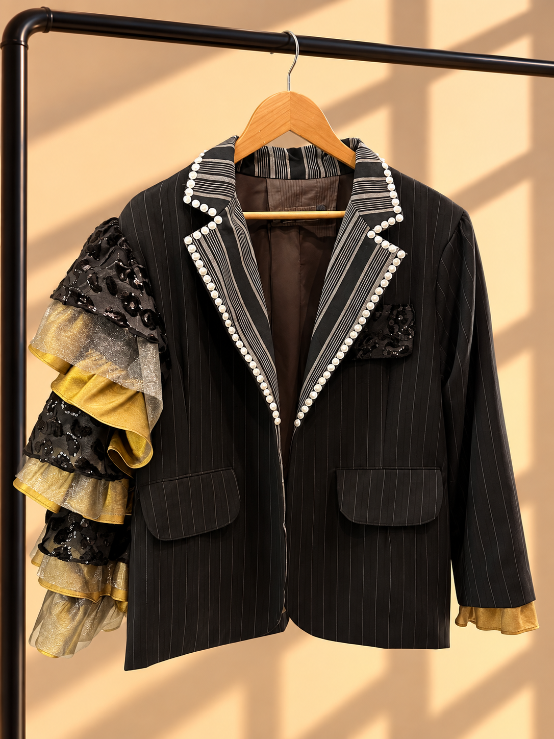 KALOKA BLAZER JACKET IN BLACK STRIPES WITH BEADWORKS