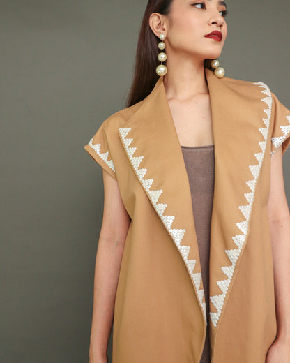 Dignidad Trench Kimono with Deep Pockets and Hand Beadwork in Coffee