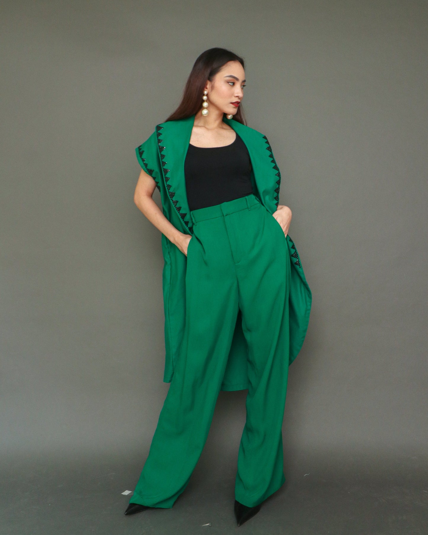 Dignidad Trench Kimono with Deep Pockets and Hand Beadwork in Emerald Green