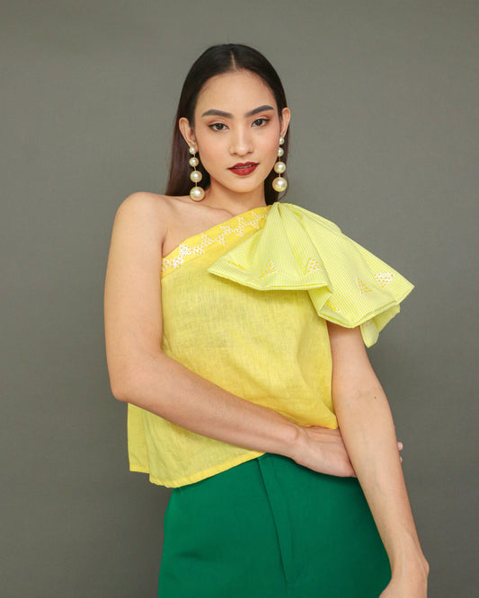 Gabriela Blouse with Huge Ribbon Accent in Yellow