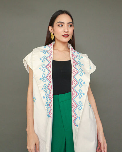 Kagalanggalang Trench Kimono with Deep Pockets and Handstitch by Tboli Tribe in White