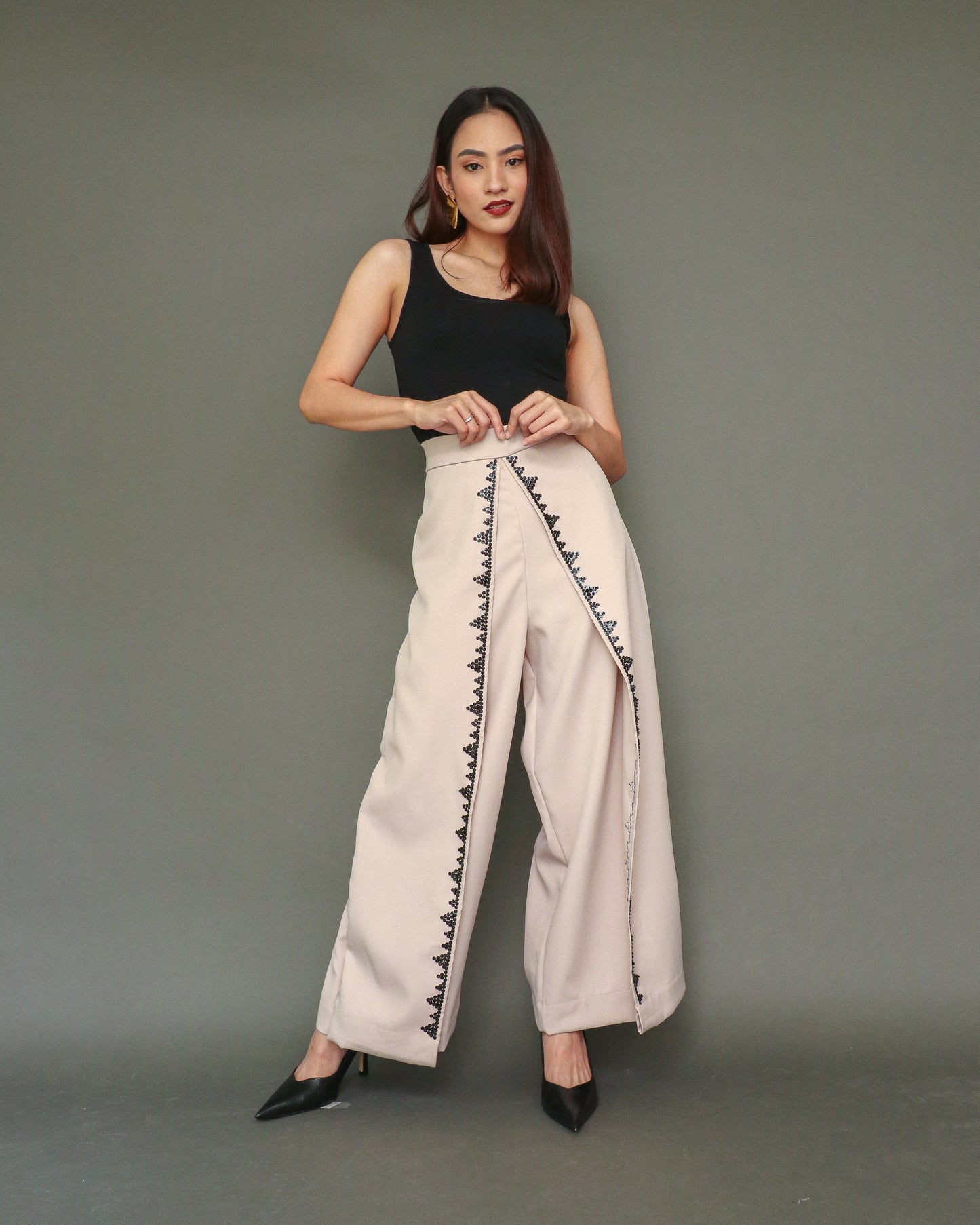 Maayos Kausap Non-Crumple Flair Pants with Black Embroidery in Cream