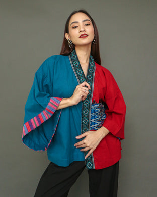 Aruga Samurai Kimono Poncho in Blue & Red