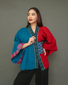 Aruga Samurai Kimono Poncho in Blue & Red