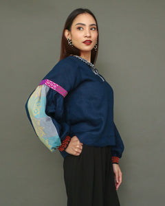 Himig  Deep Blue Linen Top in Rare Negros Weave