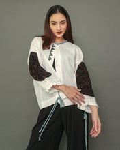 Load image into Gallery viewer, Hiraya White Linen Top with Oblong Sleeves in Inabel and Tboli Embroidery