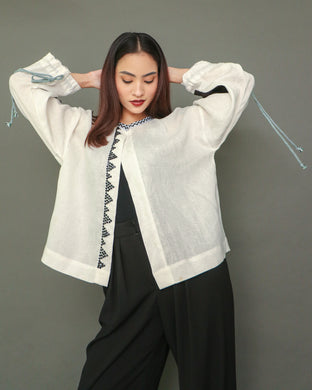 Hiraya White Linen Top with Oblong Sleeves in Inabel and Tboli Embroidery