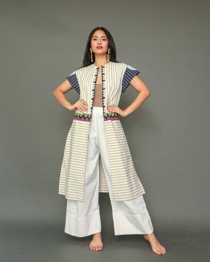 Magandang Dilag Off White Stripes Trench Kimono with Hand Embroidery and Langkit of Marawi