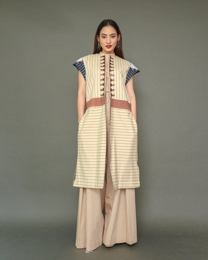 Magandang Dilag Brown Stripes Trench Kimono with Hand Embroidery and Langkit of Marawi