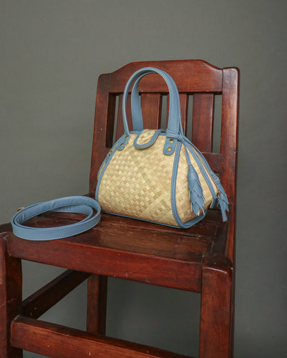 Kawai Pandan Handbag with Leaf Tassel and Long Strap in Powder Blue