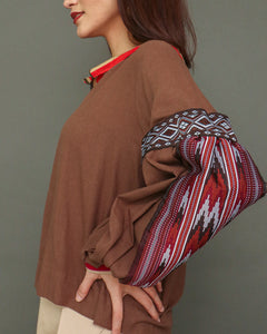 Himig  Dark Brown Linen Top with Maroon Sleeves