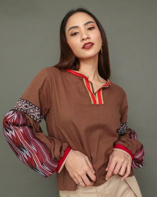 Himig  Dark Brown Linen Top with Maroon Sleeves