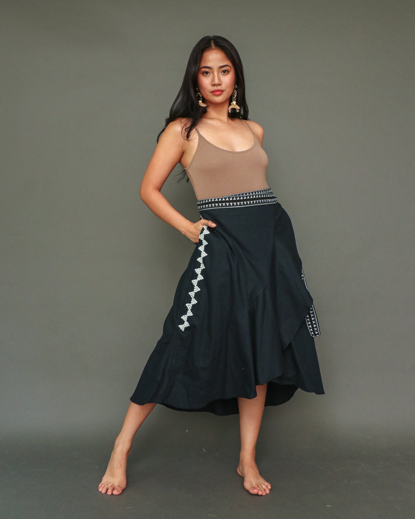 Buong Araw Linen Wrap Skirt with Hand Embroidery and Deep Pockets in Black