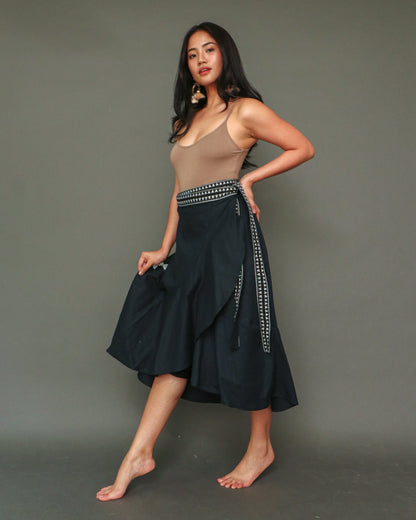 Buong Araw Linen Wrap Skirt with Hand Embroidery and Deep Pockets in Black