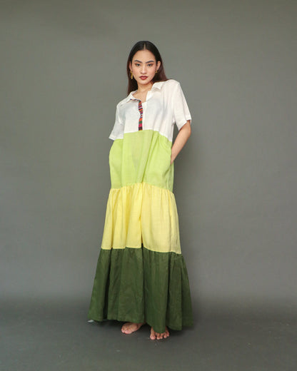 Tres Marias Tiered Linen Resort Dress in Lime Yellow