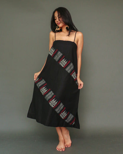 Gantimpala Black Linen Dress with Cotton Inaul Weave of Sulu