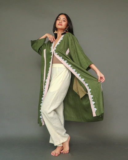 Hayahay Linen Button Down Cover-Up with Tboli Embroidery and Deep Pockets in Green