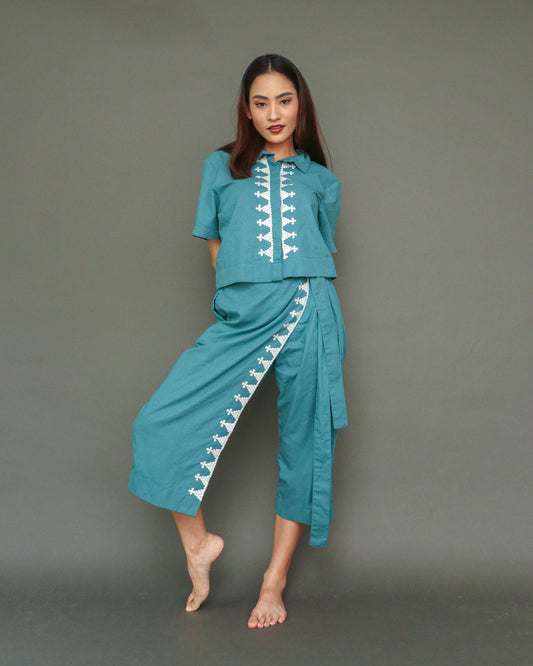 Lakwatsa Coords Blue Linen with Hand Embroidery