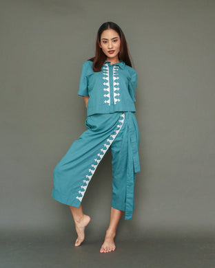 Lakwatsa Linen Coords Top and Pants with Hand Embroidery in Light Blue