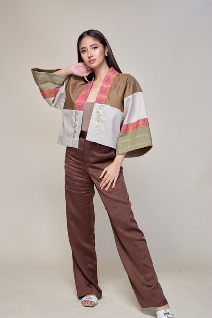 Laban Tayo Crop Kimono in Brown Fatigue Twill with Binakol and Negros Cotton Weaves