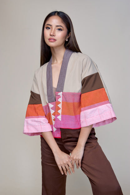 Laban Tayo Crop Kimono in Brown Fatigue Twill with Binakol and Negros Cotton Weaves