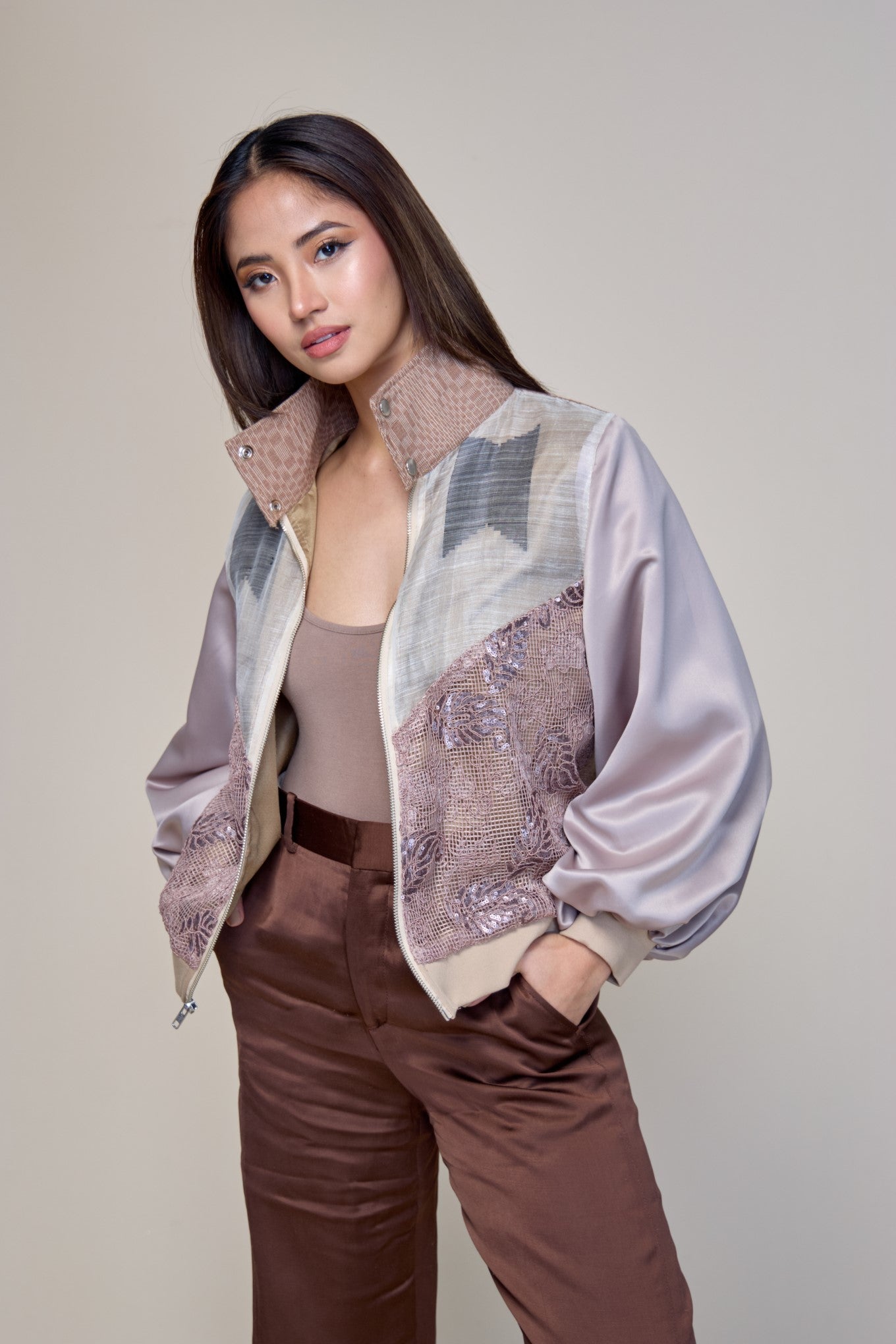 Kape-kape Bomber Jacket in Suksuk Piña  Barong of Aklan