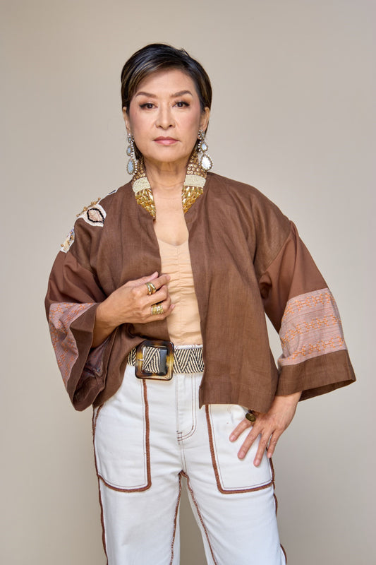 Itinakda Rustic Brown Pure Linen Cover Up Poncho with Hand Embroidery
