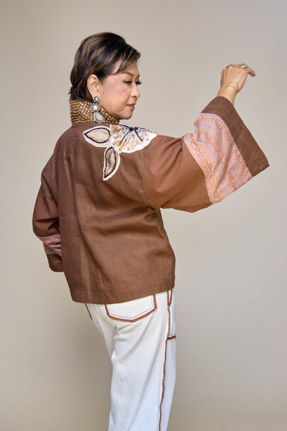 Itinakda Rustic Brown Pure Linen Cover Up Poncho with Hand Embroidery