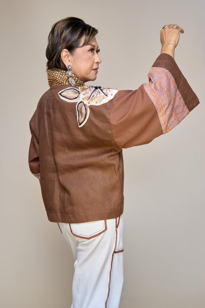 Itinakda Rustic Brown Pure Linen Cover Up Poncho with Hand Embroidery