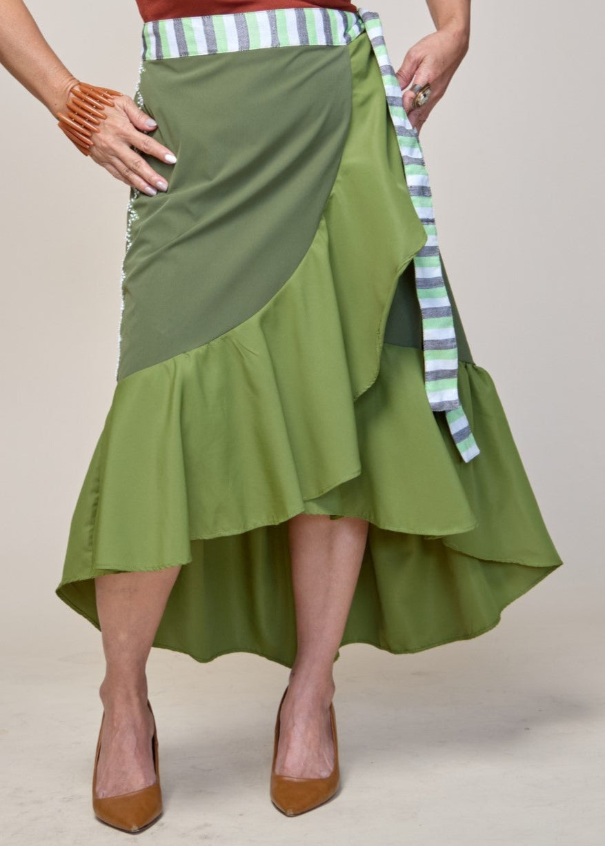 Sayaw Green Wrap Skirt with Binakol weave and Tboli Embroidery