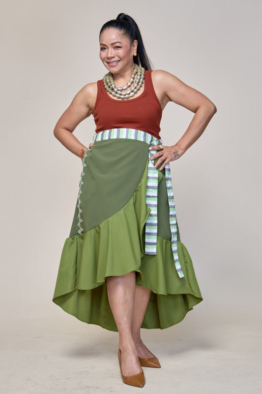 Sayaw Green Wrap Skirt with Binakol weave and Tboli Embroidery