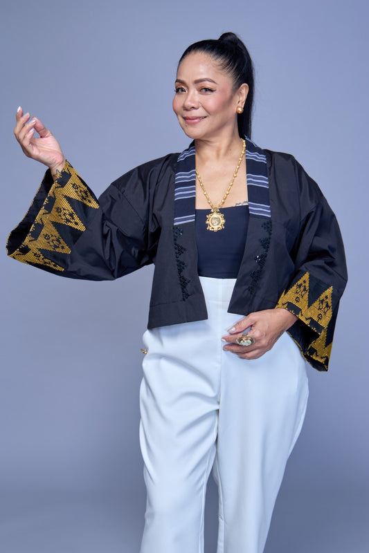 Black Crop Kimono with Inaul of Maguindanao