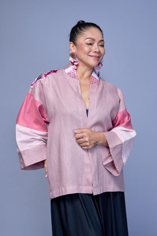 Itinakda Old Rose Pure Linen Cover UP Poncho with Hand Embroidery