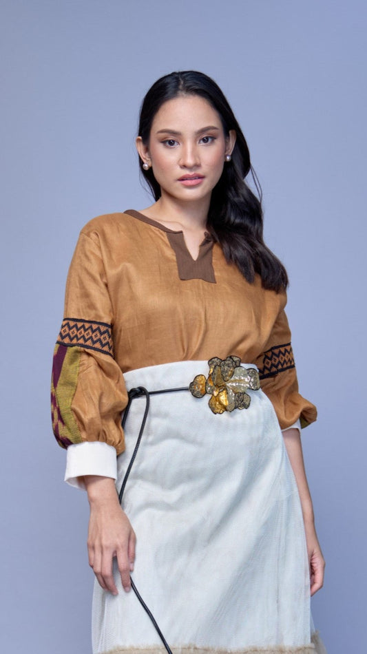 Himig Brown Linen Top with Langkit of Marawi and Inaul of Maguindanao