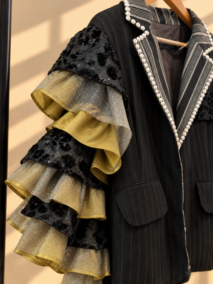 KALOKA BLAZER JACKET IN BLACK STRIPES WITH BEADWORKS