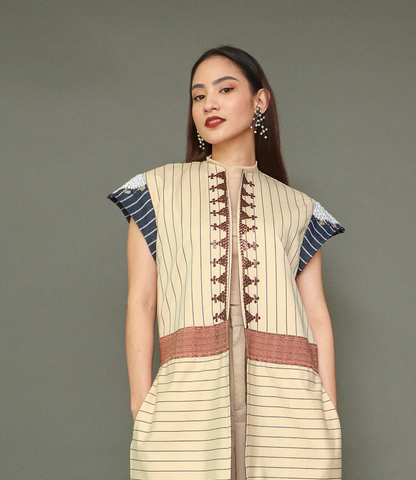 Magandang Dilag Brown Stripes Trench Kimono with Hand Embroidery and Langkit of Marawi
