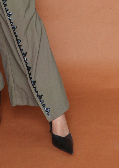 Maayos Kausap Fatigue Green Flair Pants with Hand Embroidery