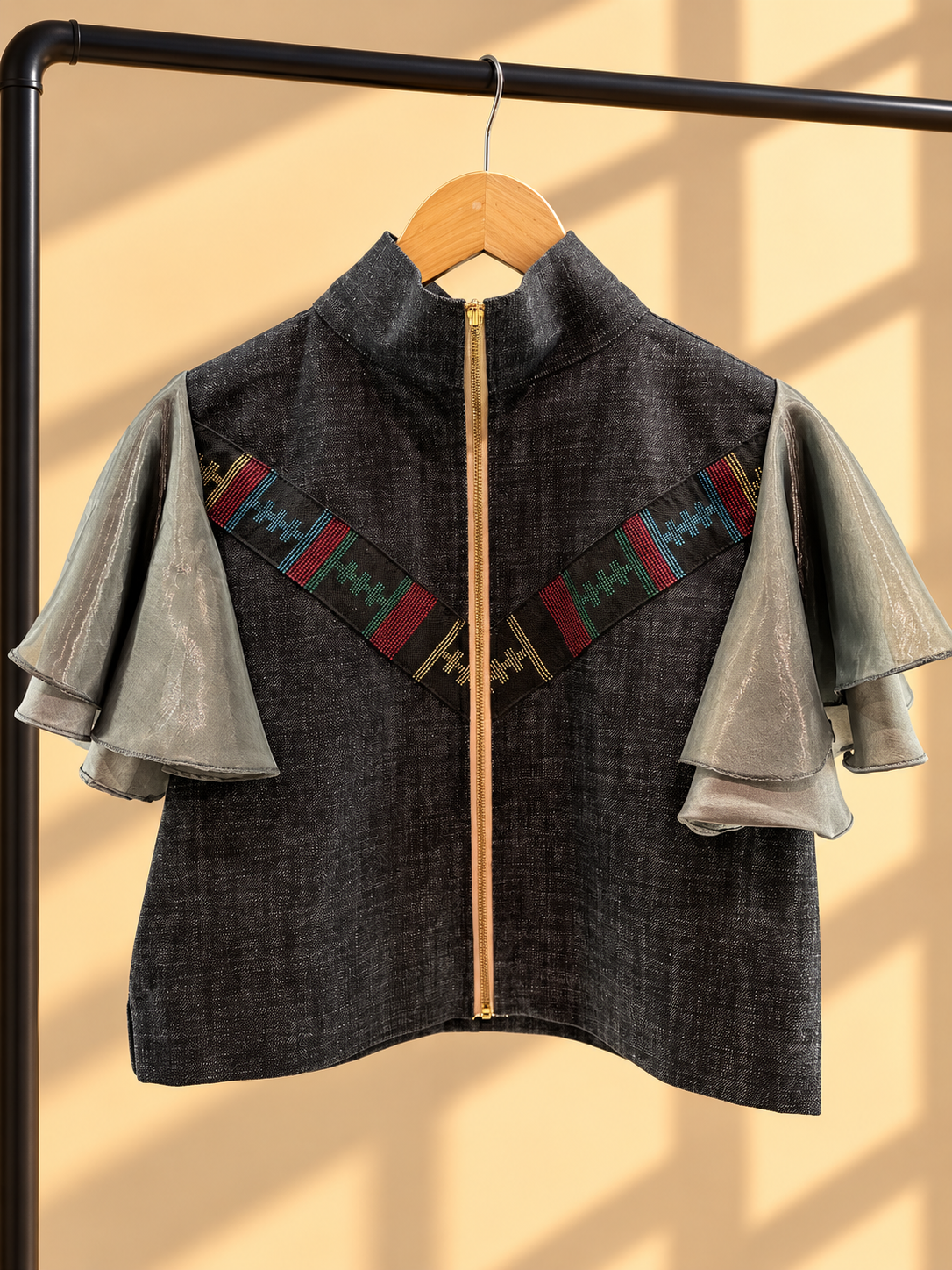 LIPAD TOP IN BLACK DENIM WITH RARE YAKAN