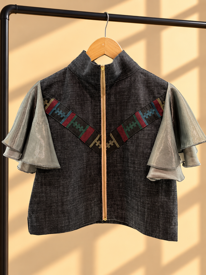 LIPAD TOP IN BLACK DENIM WITH RARE YAKAN
