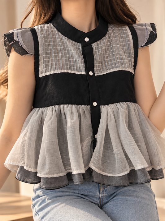 ITINAKDA FLOWY TOP WITH SILVER SQUARE BARONG
