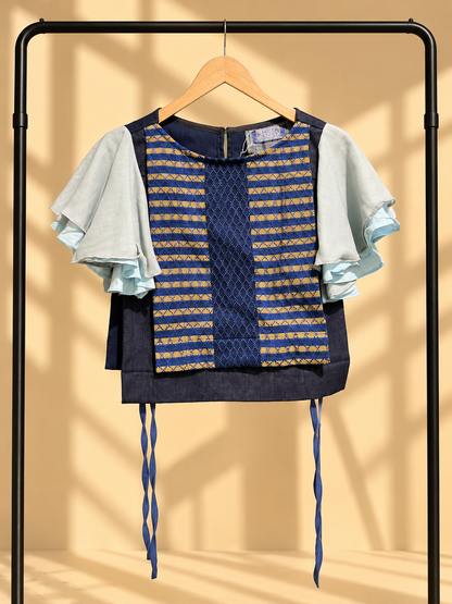 ASUL AT BERDE BIB TOP IN DENIM WITH KALINGA AND KUNDIMAN