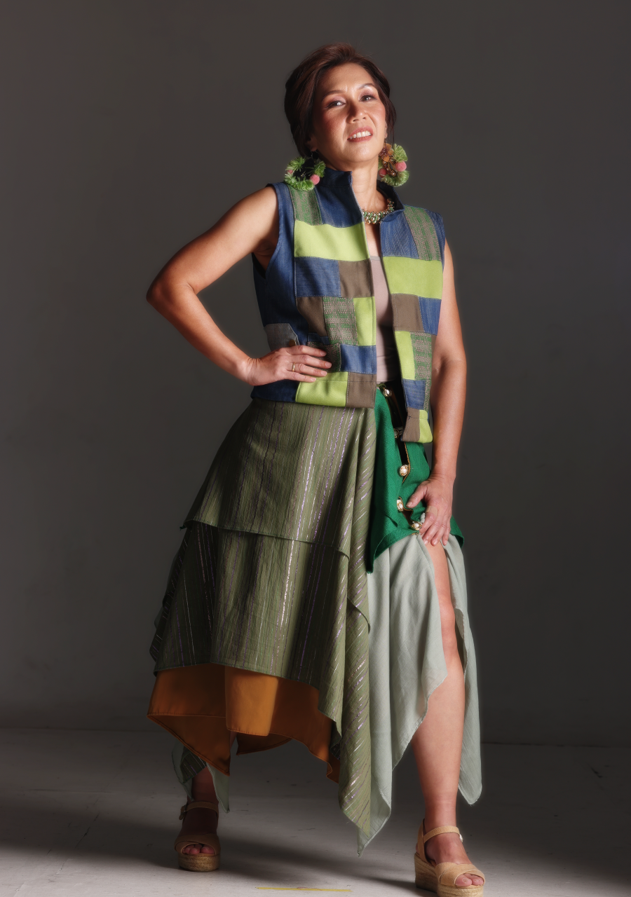 Patong Patong Vest in Denim Green with Multi Pattern Weave