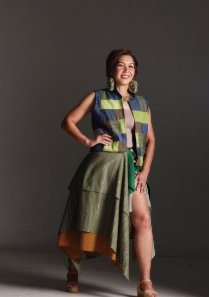 Patong Patong Vest in Denim Green with Multi Pattern Weave