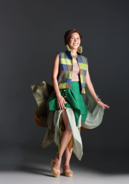 Patong Patong Vest in Denim Green with Multi Pattern Weave