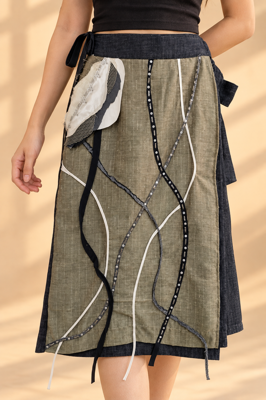 AHAS DENIM WRAP SKIRT WITH BEADWORKS