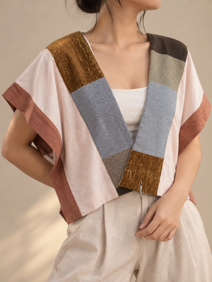 HERITAGE PONCHO IN PEACH LINEN WITH 100% COTTON KABANGKALAN WEAVE