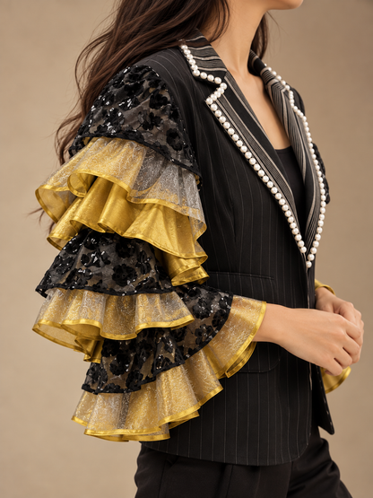 KALOKA BLAZER JACKET IN BLACK STRIPES WITH BEADWORKS