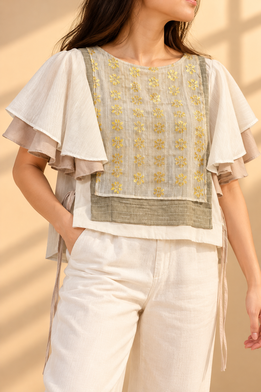 MALANDI SLEEVES BIB IN EARTH WITH GOLD FLORAL SUKSUK BARONG