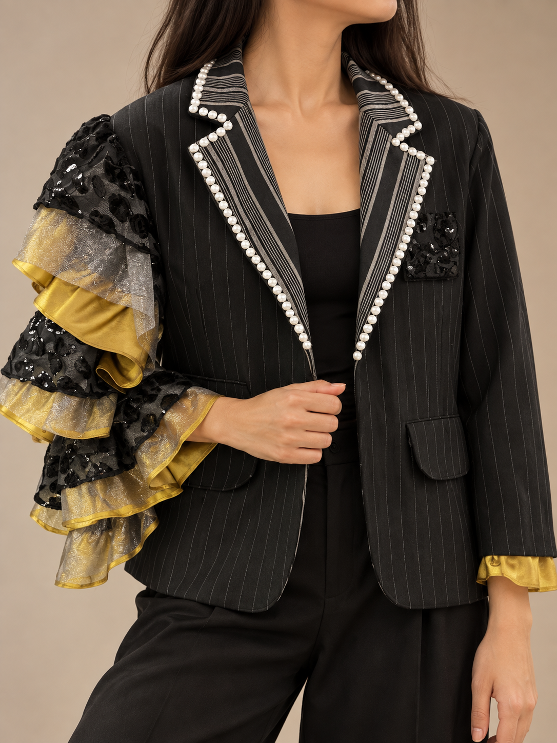 KALOKA BLAZER JACKET IN BLACK STRIPES WITH BEADWORKS