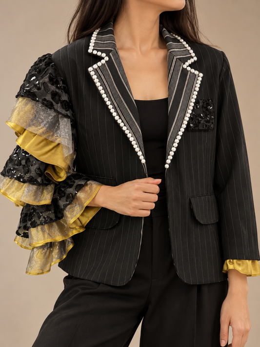 KALOKA BLAZER JACKET IN BLACK STRIPES WITH BEADWORKS